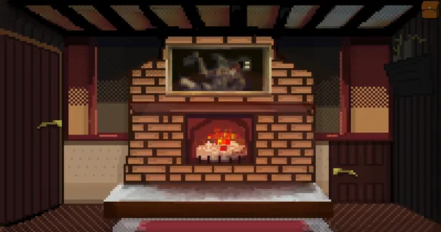 Cozy screenshot: the cottage's main hall in pixel art, a brick fireplace with a fire, a dark painting above it and doors on each side