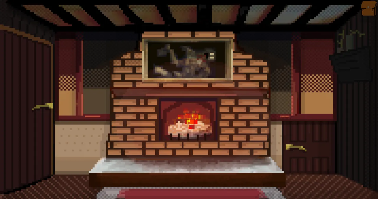 Cozy screenshot: the cottage's main hall in pixel art, a brick fireplace with a fire, a dark painting above it and doors on each side