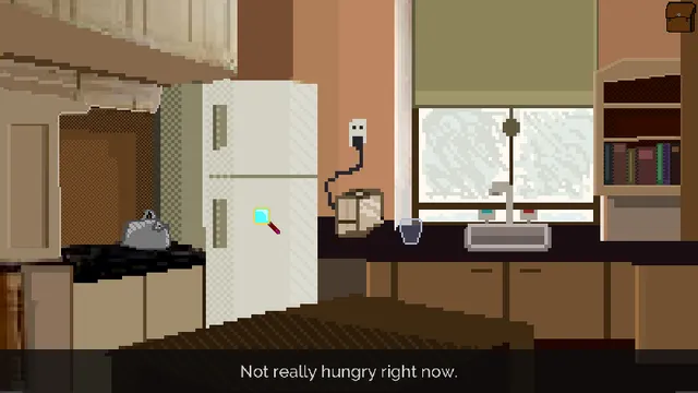 Cozy screenshot: a pixel-art cottage kitchen with a fridge, stove and frosted window, and the line Not really hungry right now