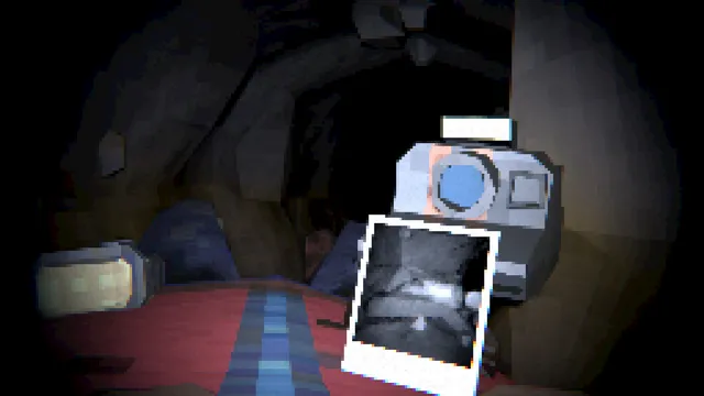 Crawl screenshot: an instant camera pushing out a photo of a dark cave, held over the player's red sleeve in a low-poly tunnel
