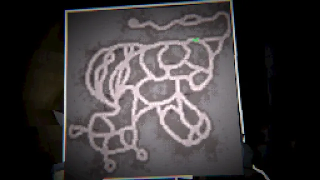 Crawl screenshot: a hand-drawn map of winding cave passages held up in the dark