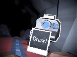 Crawl title art: an instant camera in a cave pushing out a photo with the word Crawl on it