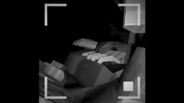 Crawl screenshot: the camera viewfinder framing a low-poly body lying in a cave, in grey