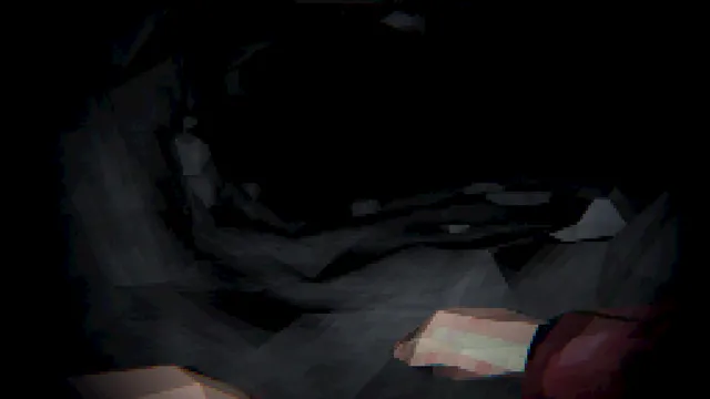 Crawl screenshot: a low, dark cave passage lit by the flashlight, the player's hand in the foreground