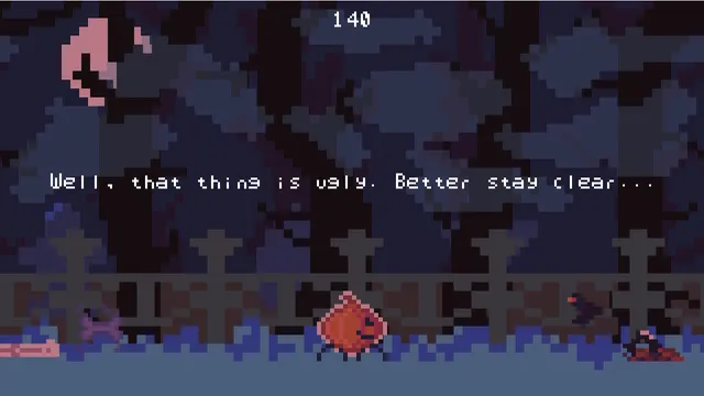 The pumpkin near a small purple creature and a bone on the ground, with the line well, that thing is ugly, better stay clear