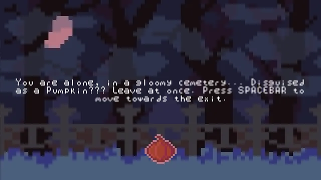 A small pumpkin sits by the graveyard railings at night under a pink moon, with text saying you are alone in a gloomy cemetery disguised as a pumpkin