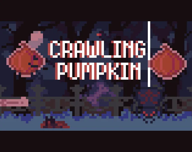 Crawling Pumpkin title art: two pumpkins either side of the title above the graveyard, with a spider and creatures below