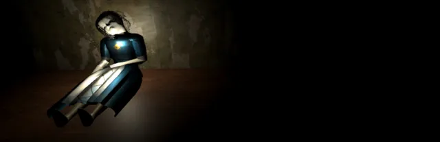 Crawlspace art: a long-haired doll in a blue dress slumps against a stained wall in a pool of light