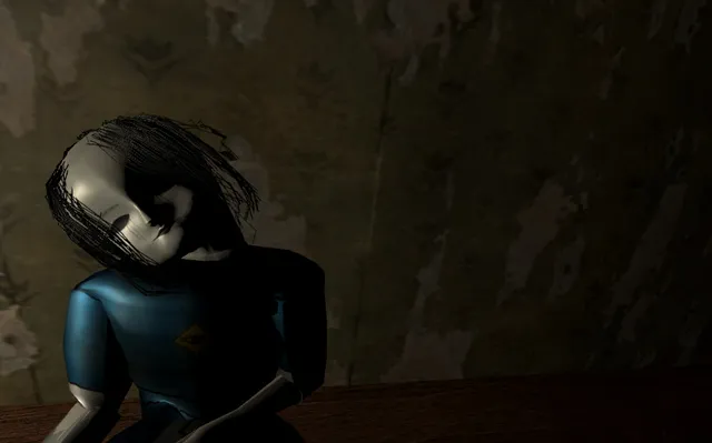 Crawlspace screenshot: the long-haired doll with a blank white face leans close