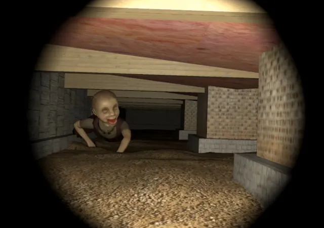 Crawlspace screenshot: a grinning bald doll crawls toward you under low wooden beams in the circle of your light