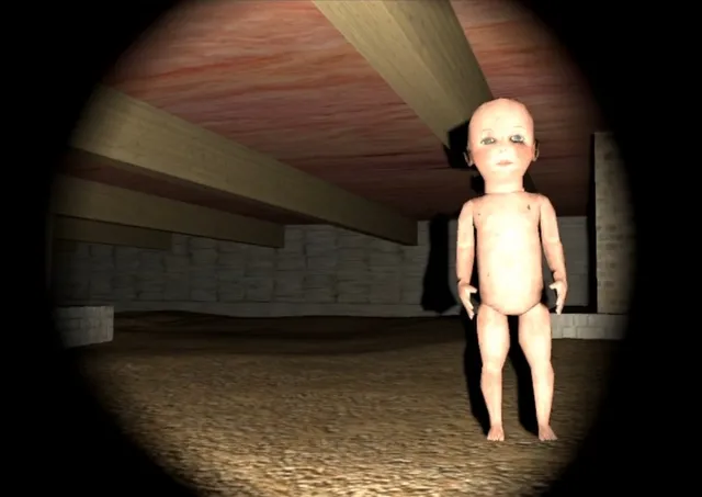 Crawlspace screenshot: a naked porcelain baby doll stands in the dirt of the crawlspace