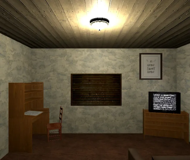 Crawlspace screenshot: your plain room at home with a desk and a television showing text