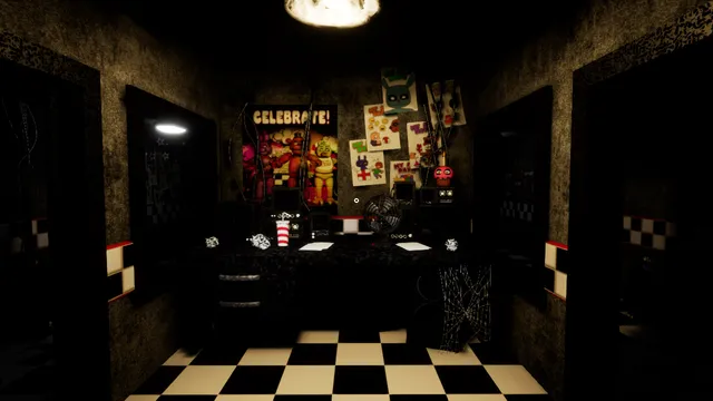 The night guard's office rebuilt in 3D: a cluttered desk with a fan and cupcake under a Celebrate poster, doorways on both sides