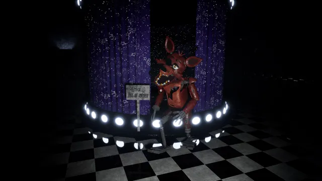 Foxy the pirate fox animatronic stands on the lit stage of Pirate Cove between starry purple curtains, beside an Out of Order sign