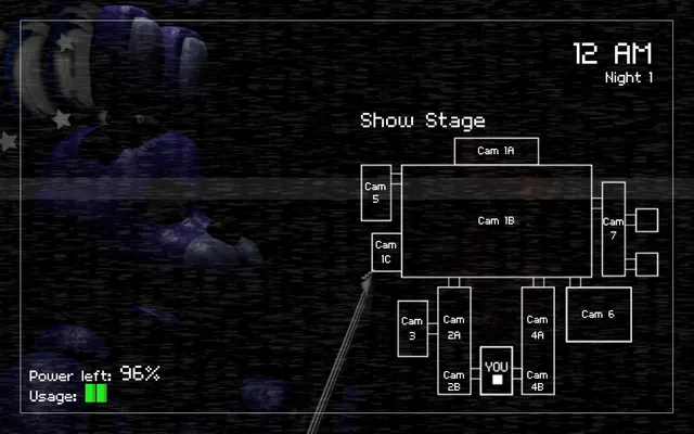 The camera tablet at 12 AM on Night 1, showing the Show Stage, the building map and 96 percent power left