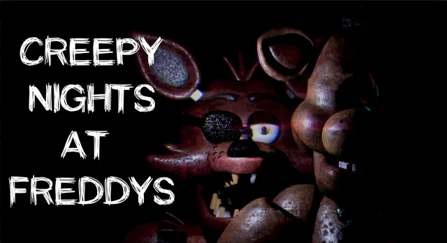 Creepy Nights at Freddys title beside a close-up of a worn Foxy animatronic's face