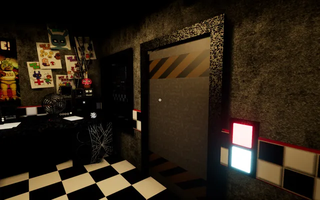 An office doorway with a striped security door and red and white buttons on the wall beside it