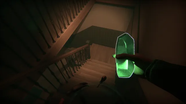 Creepy Shift: House For Sale: holding a glowing green crystal at the top of a dark staircase
