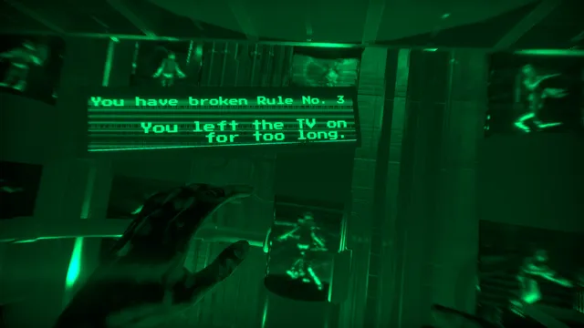 Creepy Shift: House For Sale: a green warning on screen saying you have broken rule no. 3, you left the TV on for too long
