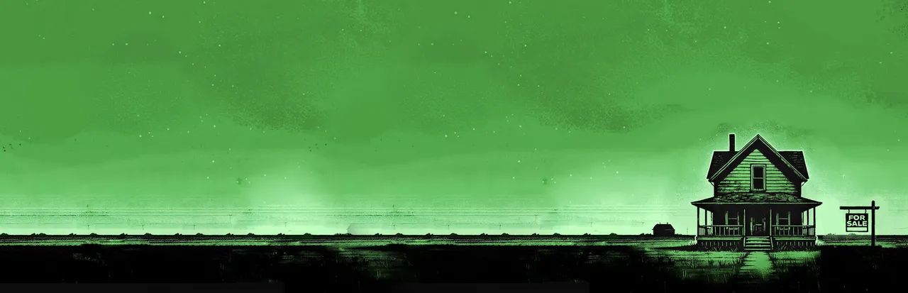 Creepy Shift: House For Sale key art: a lone house with a for-sale sign under a green sky