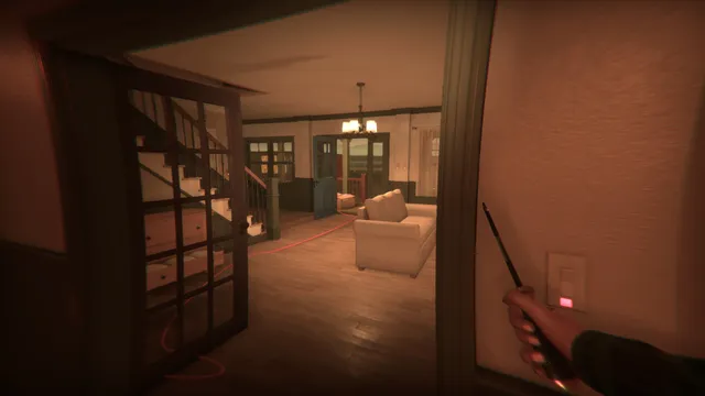 Creepy Shift: House For Sale: the handyman looks into a living room with a staircase and a white sofa