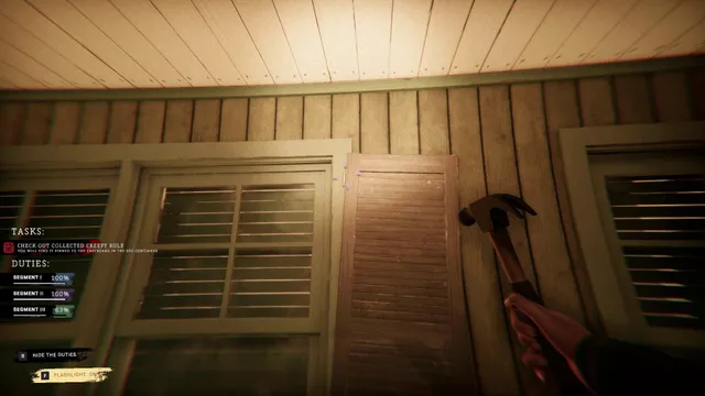 Creepy Shift: House For Sale: hammering a shutter closed with the task and duty list on screen