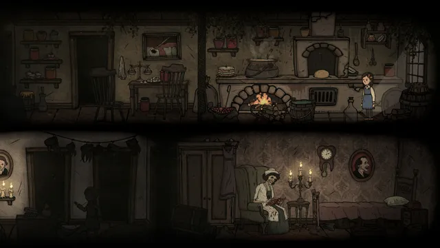 Two rooms of an old house: a kitchen with a hearth above, and an old woman reading by candlelight below