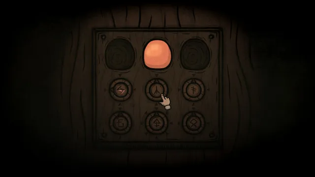 A wooden puzzle box with rune dials and a glowing orange stone