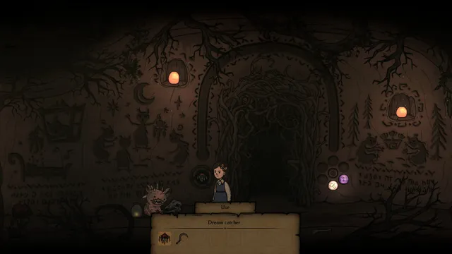 Ingrid stands before an archway of roots in a cave wall covered in drawings, with her inventory open below