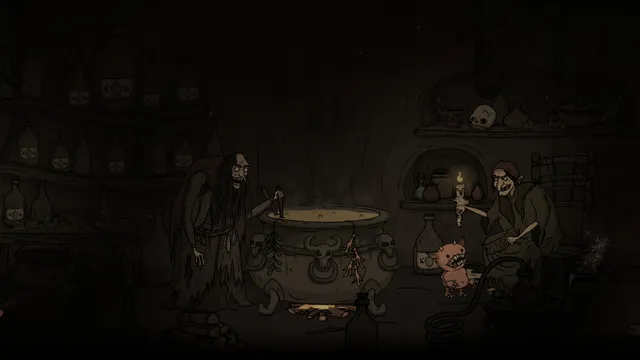 Two witches stir a large cauldron in a cluttered hut while a small pink imp watches