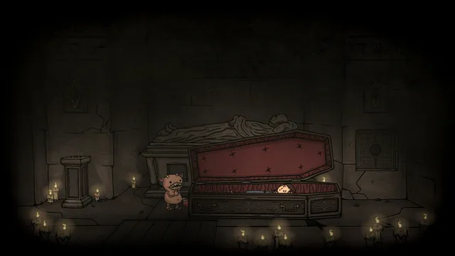 Ingrid lies in an open red-lined coffin in a candlelit crypt as a small imp stands nearby