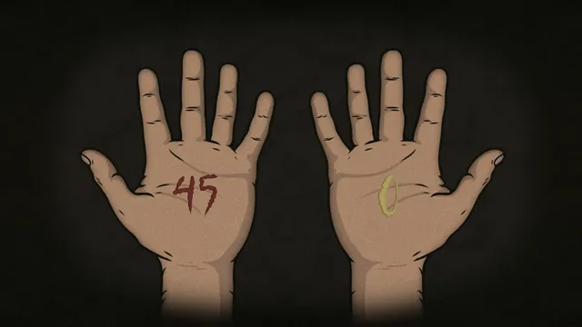 Two open palms with the number 45 written on one and a zero on the other, a puzzle clue