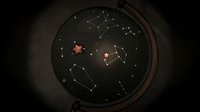 A star-chart puzzle on a dark globe with constellations and two red stars
