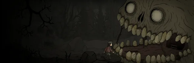 Creepy Tale: Some Other Place key art: Martin in a red coat walks toward a giant skull-like face full of teeth in a dark forest