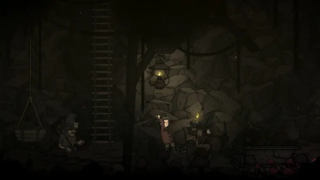 Martin holds up a candle in a dark cave beside bearded gnome-like figures