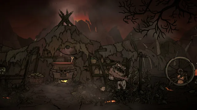 A toad-like creature sits by a cauldron and a spinning wheel outside a moss-covered hut under a red sky