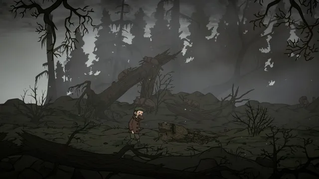 Martin walks through a grey forest of fallen trees past something lying on the ground