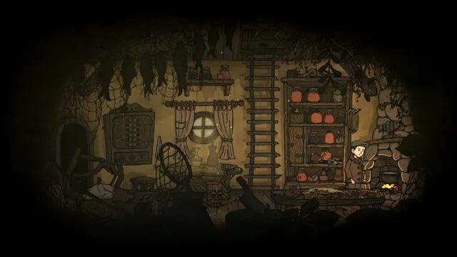 Martin in a cluttered, lamplit hut with shelves of jars and a ladder to the loft