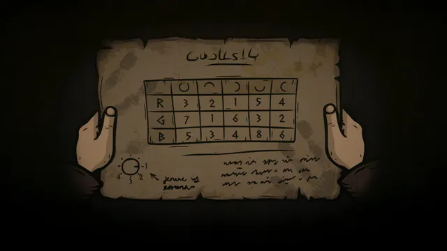 Hands hold up a parchment chart of numbers and symbols, a puzzle clue