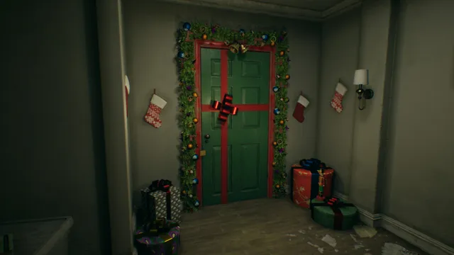 Crimson Snow screenshot: a padlocked door wrapped like a present with ribbon and garland, stockings on the walls