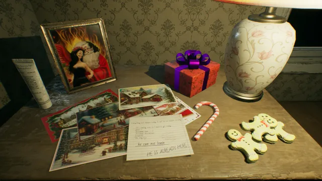 Crimson Snow screenshot: Christmas cards, gingerbread and a note reading he is already here on a bedside table