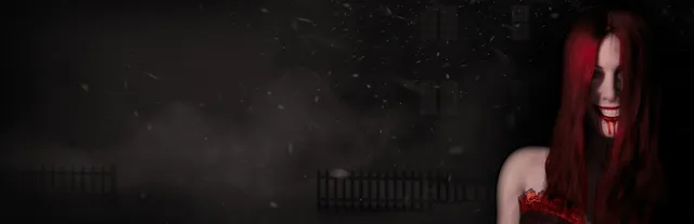 Crimson Snow key art: a pale red-haired woman with blood running from a wide smile, beside a snowbound house at night