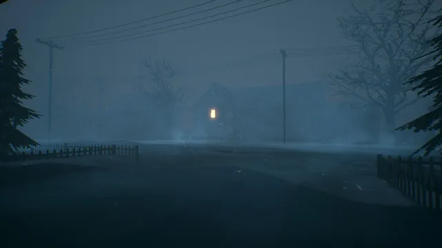 Crimson Snow screenshot: a snowy street at night in a blizzard, one lit window in the house ahead
