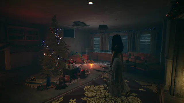Crimson Snow screenshot: a dark-haired woman in a long dress stands in a dim living room beside a lit Christmas tree and scattered presents