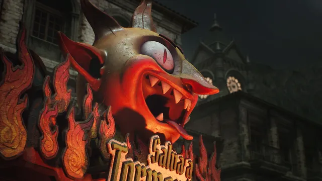 Crisol: Theater of Idols screenshot: a grinning devil mascot sign surrounded by painted flames on a gothic building at night