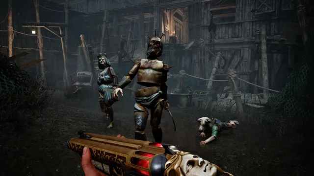 Crisol: Theater of Idols screenshot: puppet-like living statues approach on a dark wooden street as a hand holds an ornate gold and red gun