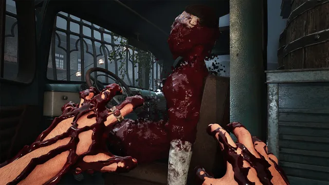 Crisol: Theater of Idols screenshot: blood-soaked hands reach toward a mannequin-like figure covered in blood inside an old vehicle
