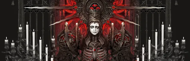 Crisol: Theater of Idols key art: a weeping, crowned statue of a woman with a skeletal ribcage, framed by blades, candles and iron gates in red and black