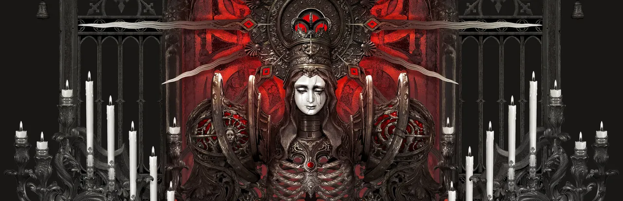 Crisol: Theater of Idols key art: a weeping, crowned statue of a woman with a skeletal ribcage, framed by blades, candles and iron gates in red and black
