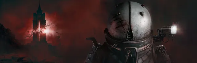 Cronos: The New Dawn art: the Traveler in a dented diving-style helmet with a shoulder lamp, a dark tower under a red sky behind